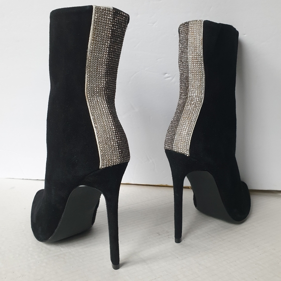 Steve Madden Wagu Black Suede Mid Calf Stiletto Booties w/ Rhinestone Back 7.5 - Picture 10 of 17